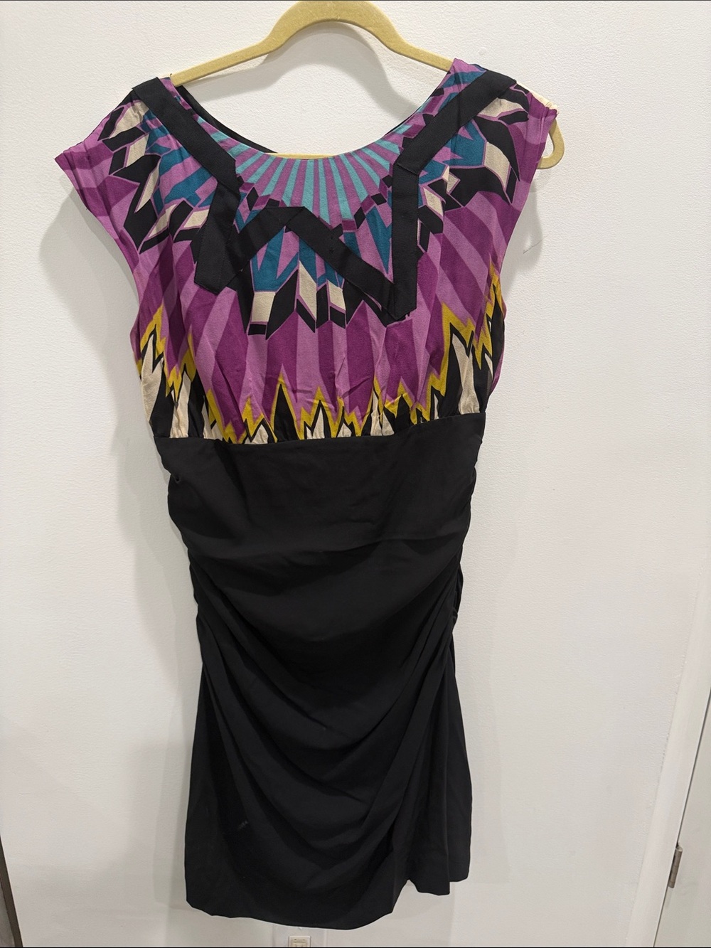 Nicole Miller Purple Patterned Bodice Black Midi Dress